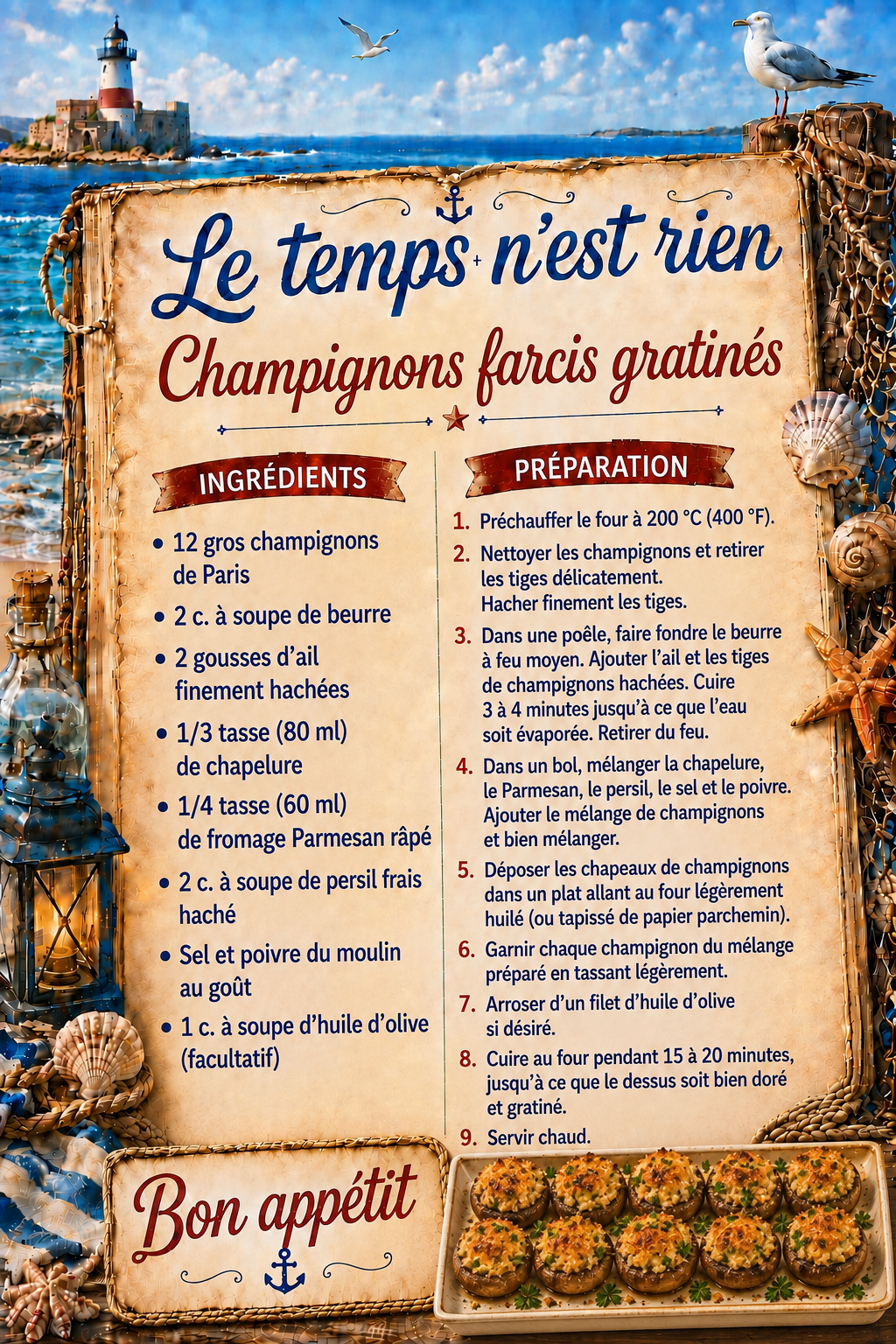 Recette champignons farcis gratines